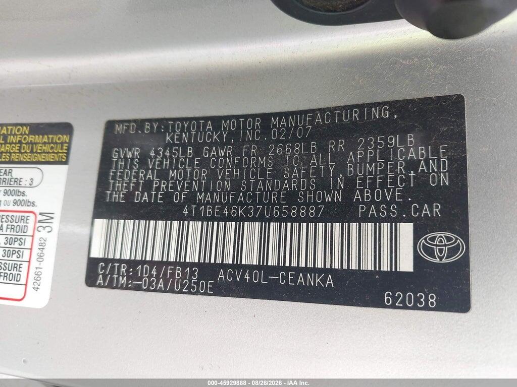 4T1BE46K37U658887 2007 TOYOTA CAMRY photo no. 9