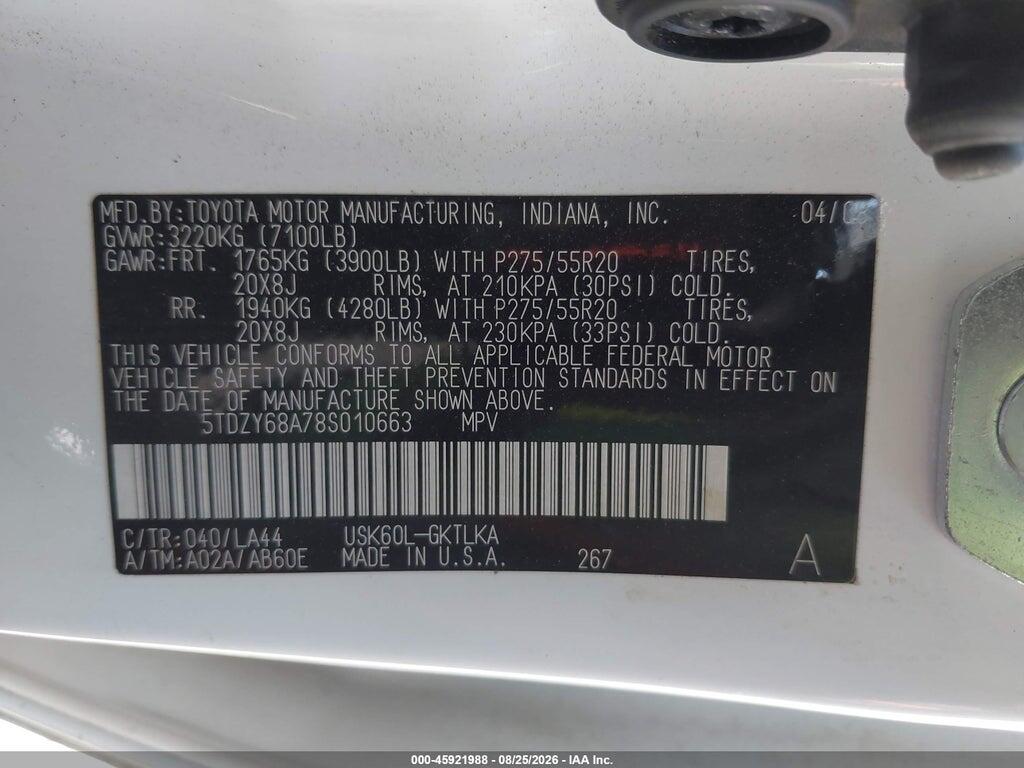 5TDZY68A78S010663 2008 TOYOTA SEQUOIA photo no. 9