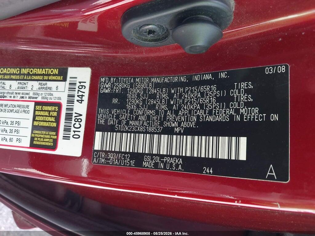 5TDZK23CX8S188537 2008 TOYOTA SIENNA photo no. 9