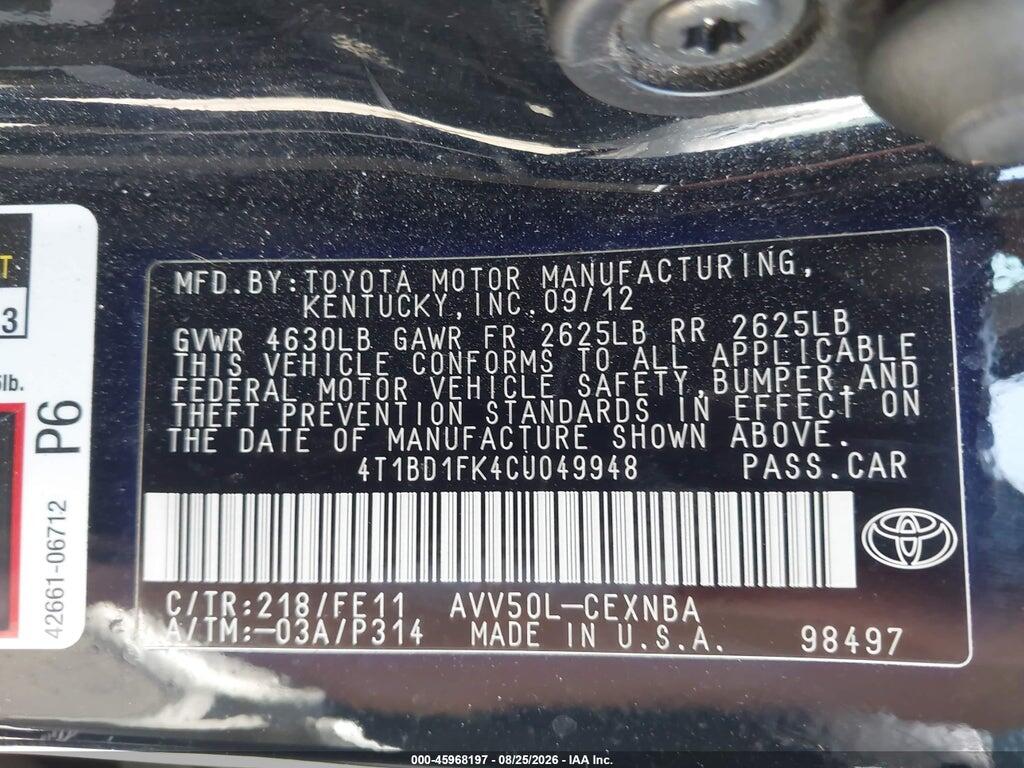 4T1BD1FK4CU049948 2012 TOYOTA CAMRY HYBRID photo no. 9