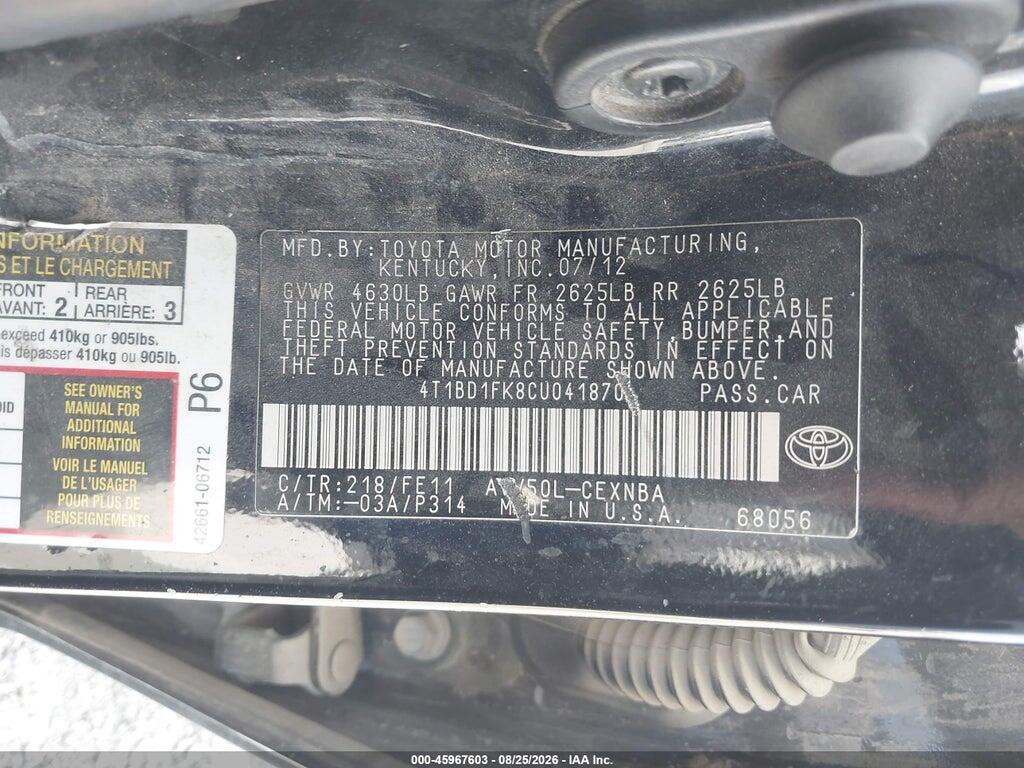 4T1BD1FK8CU041870 2012 TOYOTA CAMRY HYBRID photo no. 9
