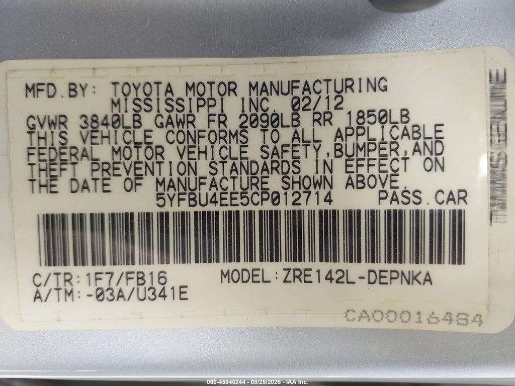 5YFBU4EE5CP012714 2012 TOYOTA COROLLA photo no. 9