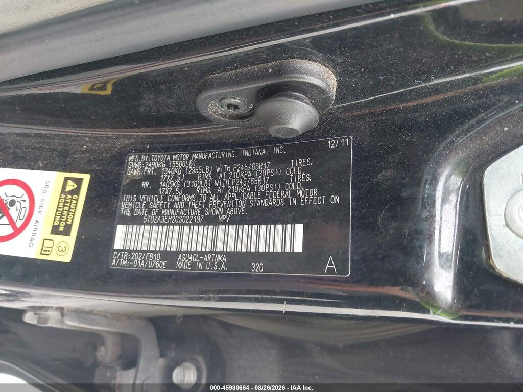 5TDZA3EH2CS022197 2012 TOYOTA HIGHLANDER photo no. 9