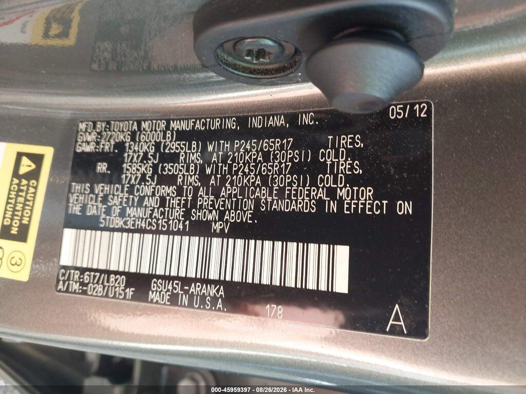 5TDBK3EH4CS151041 2012 TOYOTA HIGHLANDER photo no. 9