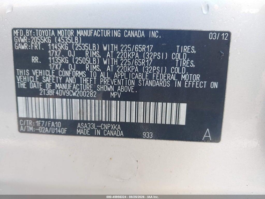 2T3BF4DV9CW200282 2012 TOYOTA RAV4 photo no. 9