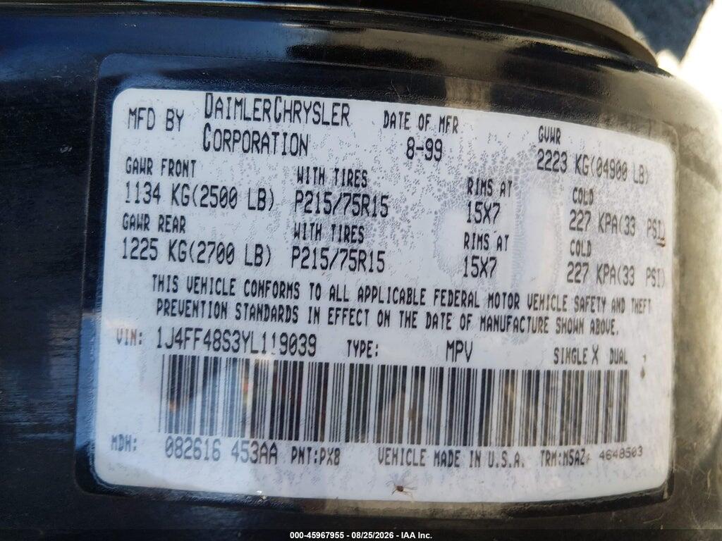 1J4FF48S3YL119039 2000 JEEP CHEROKEE photo no. 9