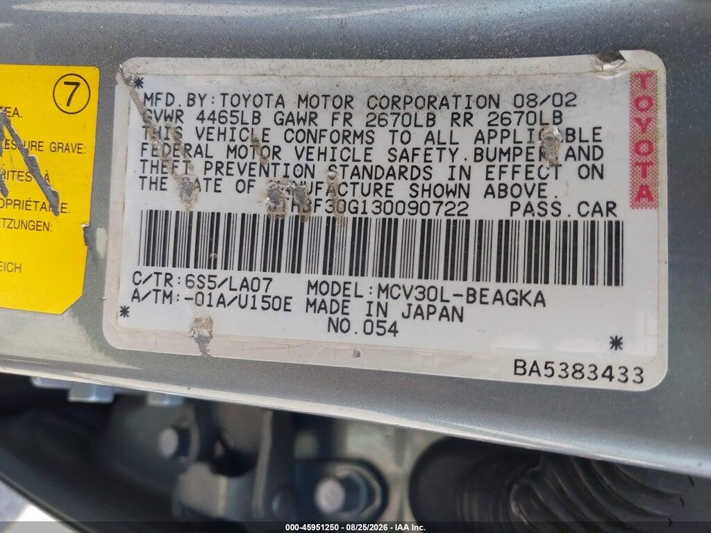 JTHBF30G130090722 2003 LEXUS ES 300 photo no. 9
