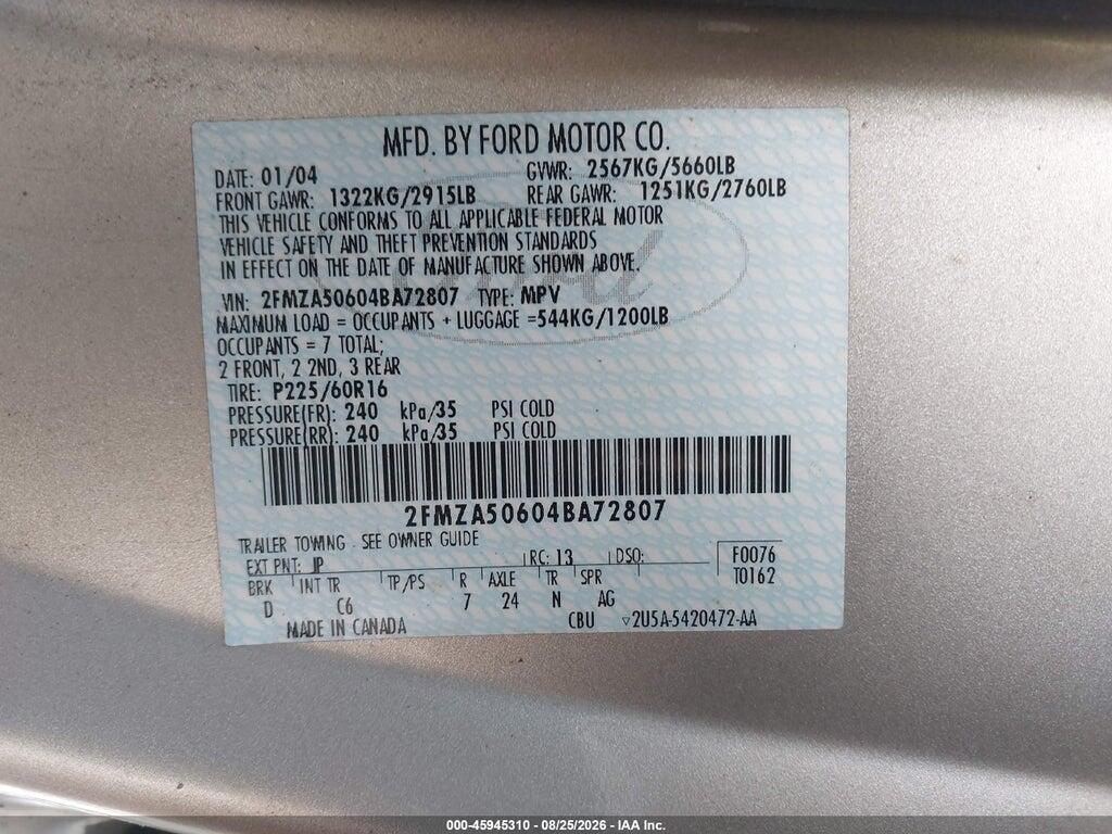2FMZA50604BA72807 2004 FORD FREESTAR photo no. 9