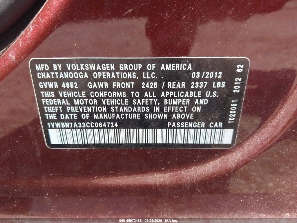 1VWBN7A33CC064724 2012 VOLKSWAGEN PASSAT photo no. 9