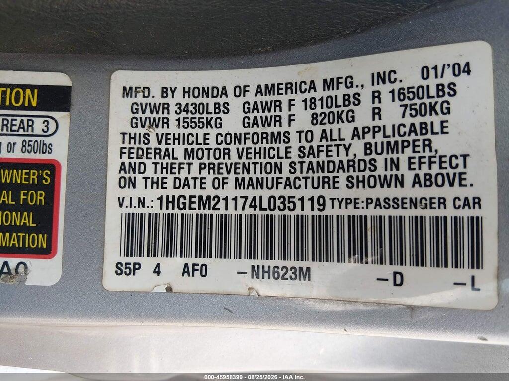 1HGEM21174L035119 2004 HONDA CIVIC photo no. 9