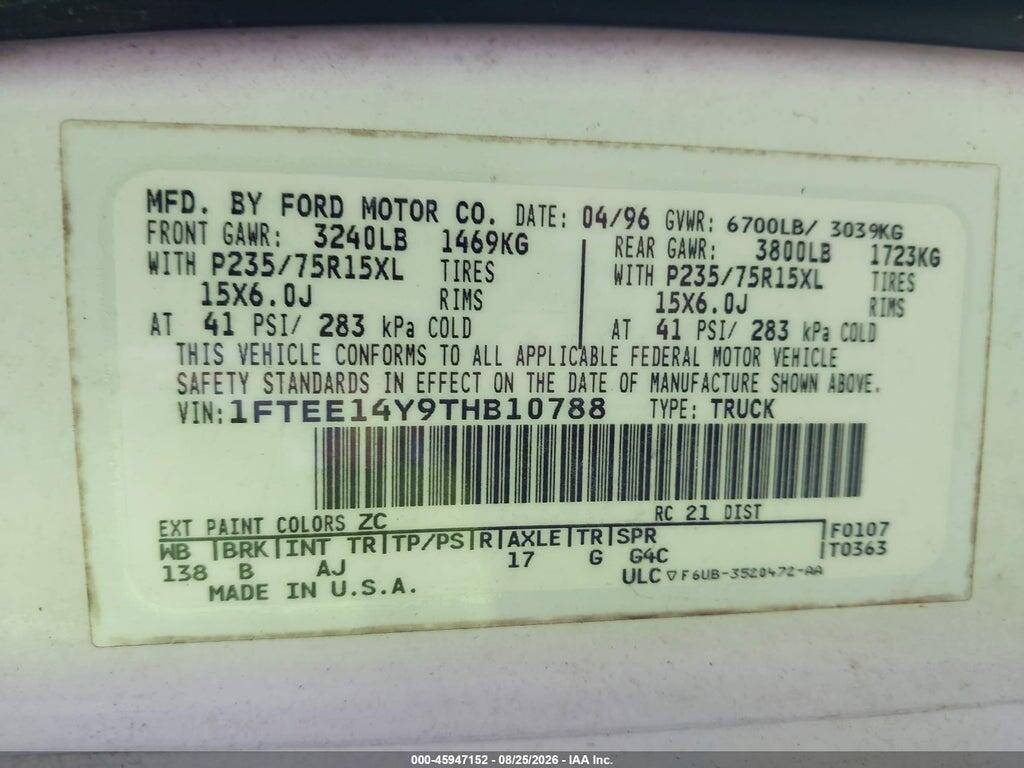 1FTEE14Y9THB10788 1996 FORD ECONOLINE photo no. 9