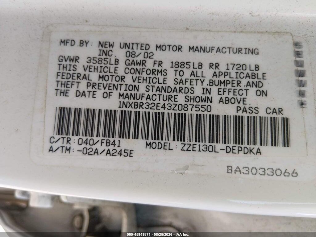 1NXBR32E43Z087550 2003 TOYOTA COROLLA photo no. 9