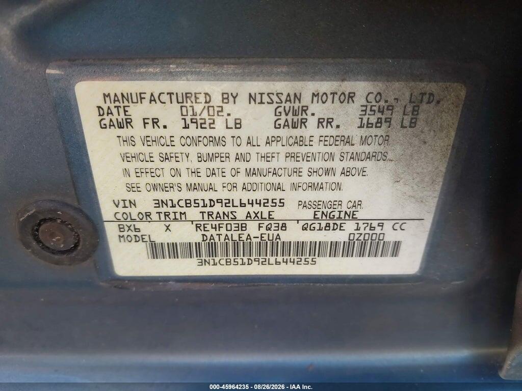 3N1CB51D92L644255 2002 NISSAN SENTRA photo no. 9