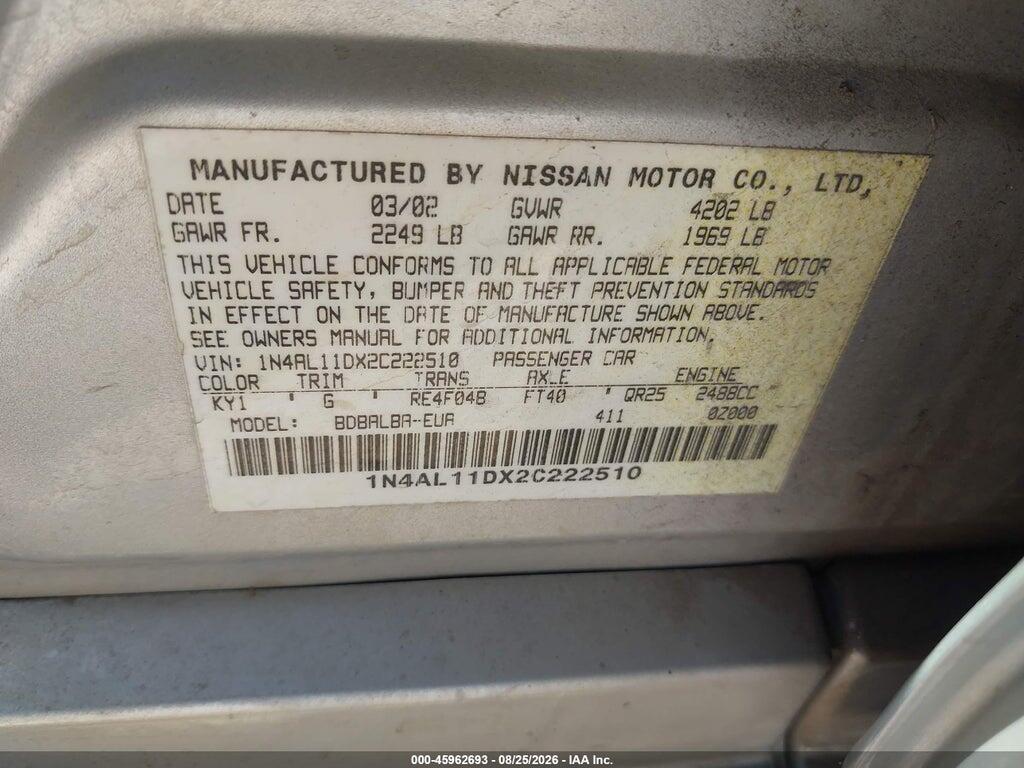 1N4AL11DX2C222510 2002 NISSAN ALTIMA photo no. 9