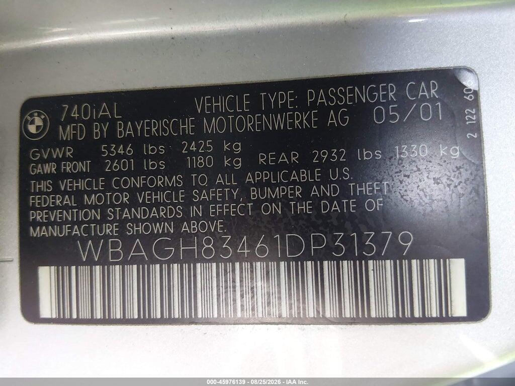 WBAGH83461DP31379 2001 BMW 740IL photo no. 9