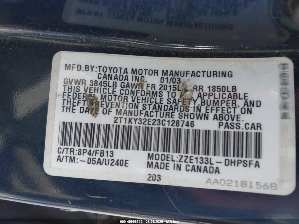 2T1KY32E23C128746 2003 TOYOTA MATRIX photo no. 9