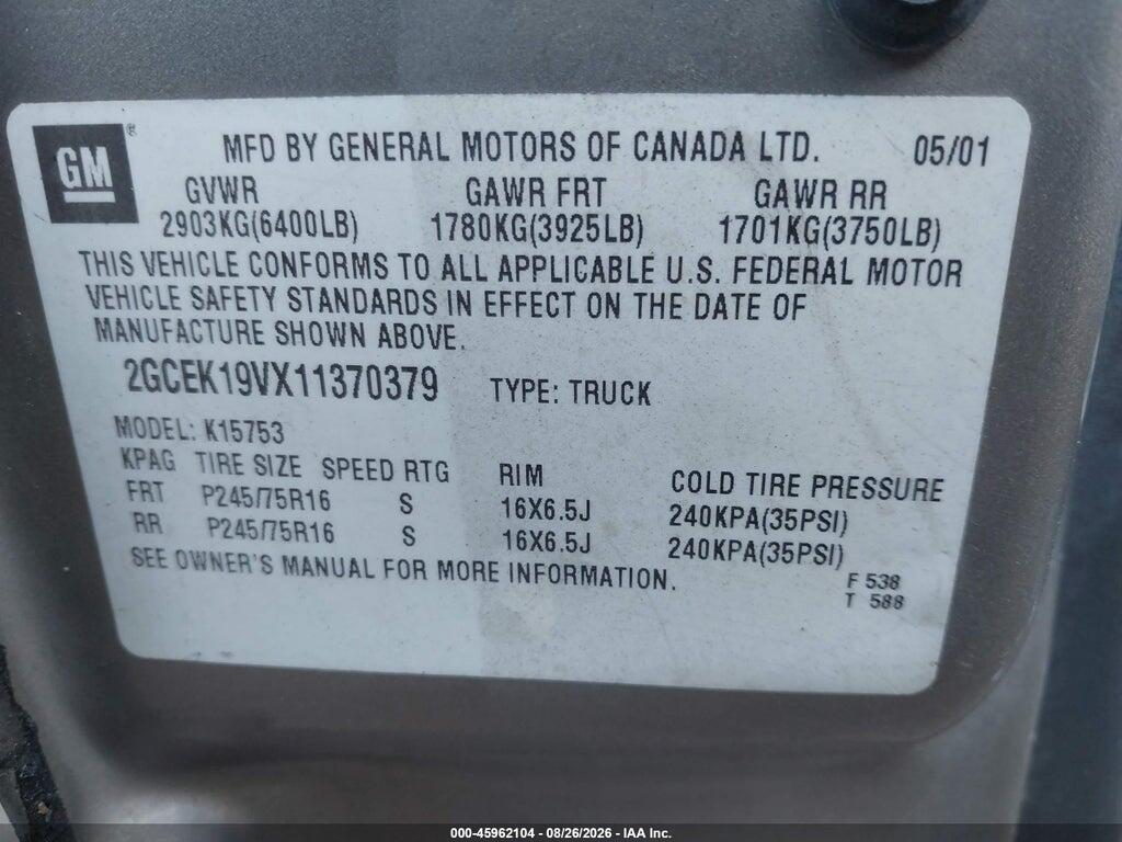2GCEK19VX11370379 2001 CHEVROLET SILVERADO 1500 photo no. 9