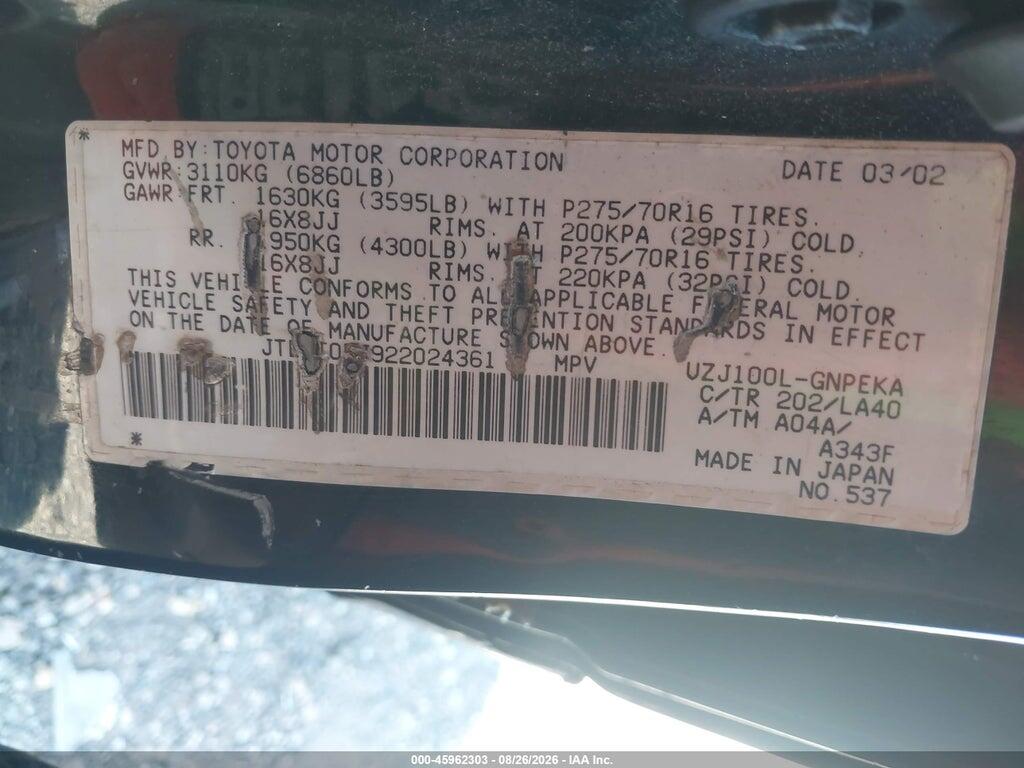 JTEHT05J922024361 2002 TOYOTA LAND CRUISER photo no. 9