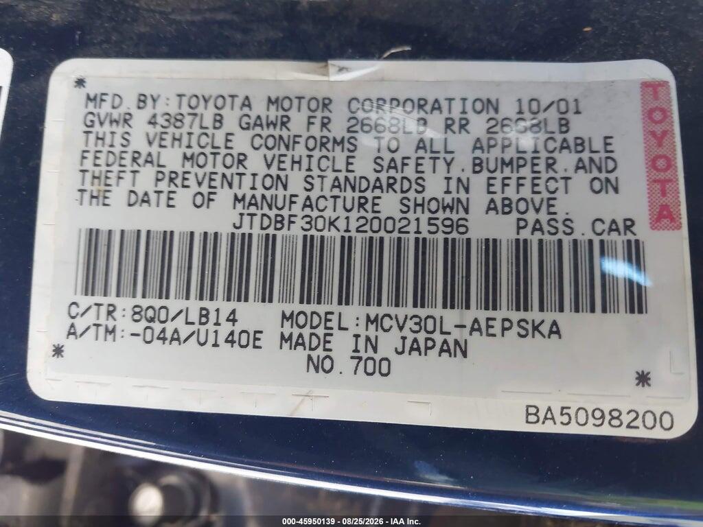 JTDBF30K120021596 2002 TOYOTA CAMRY photo no. 9