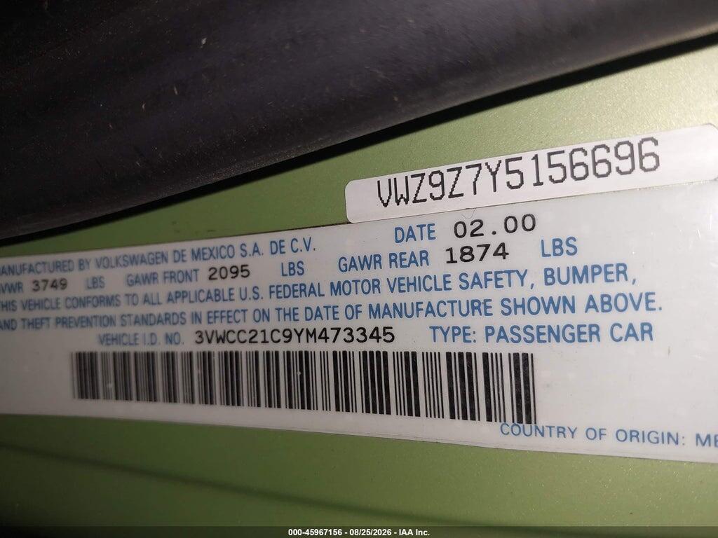 3VWCC21C9YM473345 2000 VOLKSWAGEN NEW BEETLE photo no. 9