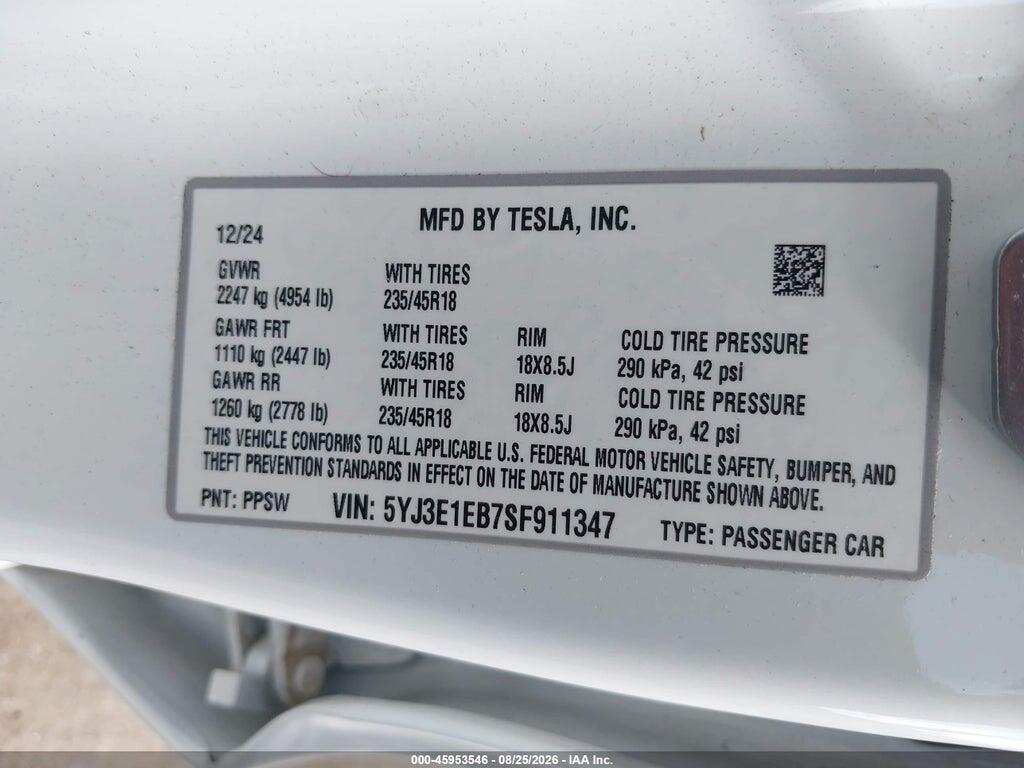 5YJ3E1EB7SF911347 2025 TESLA MODEL 3 photo no. 9