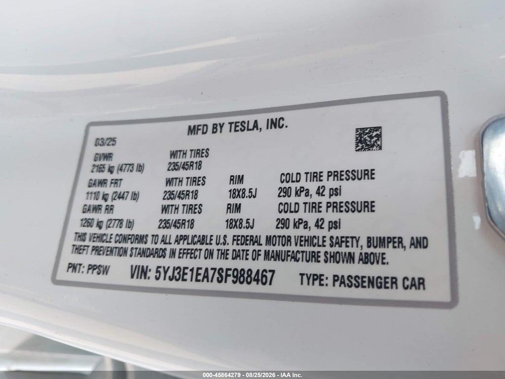 5YJ3E1EA7SF988467 2025 TESLA MODEL 3 photo no. 9