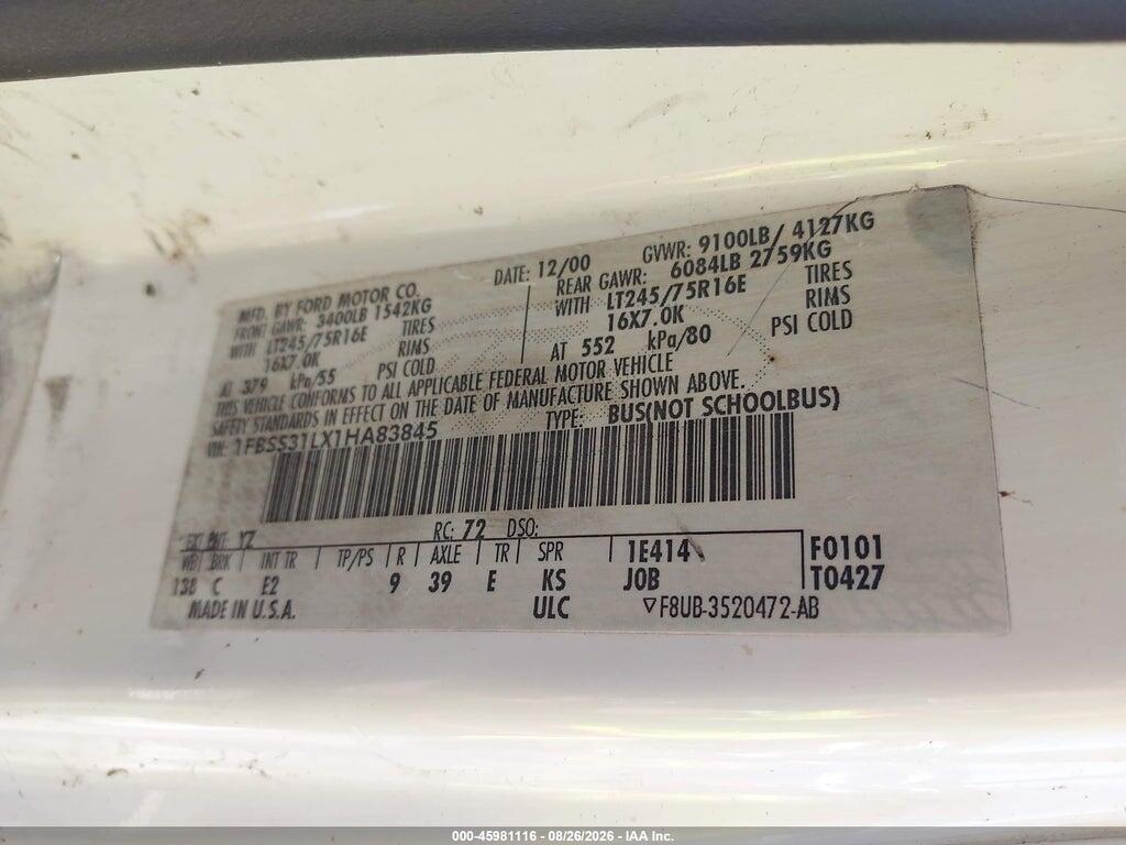 1FBSS31LX1HA83845 2001 FORD E-350 SUPER DUTY photo no. 9