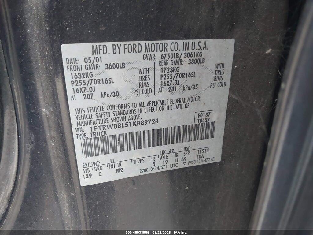 1FTRW08L51KB89724 2001 FORD F-150 photo no. 9
