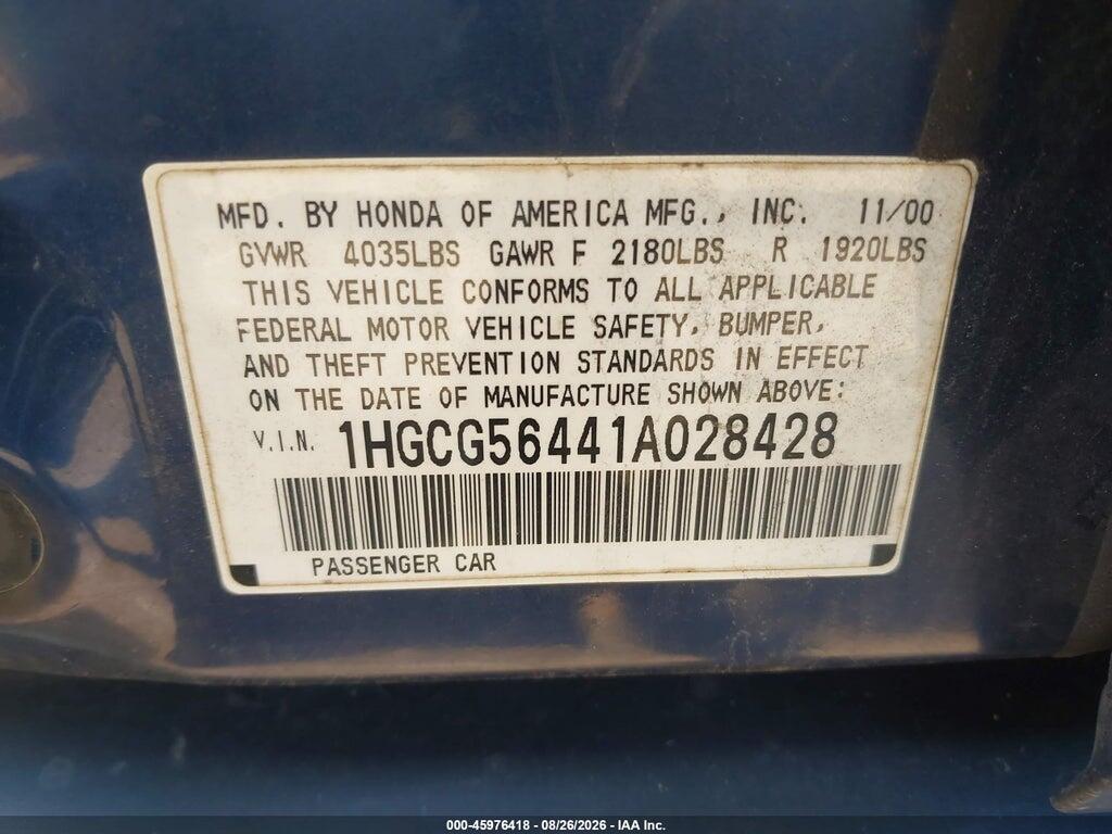 1HGCG56441A028428 2001 HONDA ACCORD photo no. 9