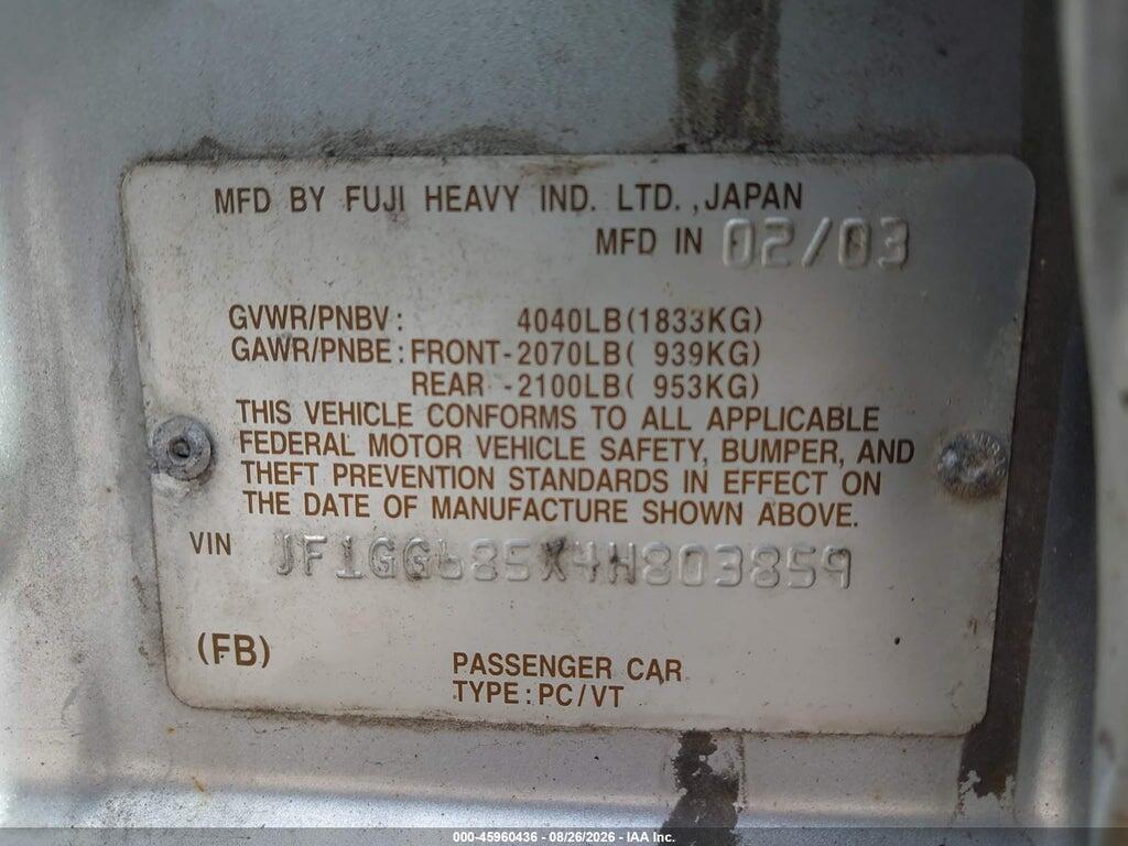 JF1GG685X4H803859 2004 SUBARU IMPREZA OUTBACK SPORT photo no. 9