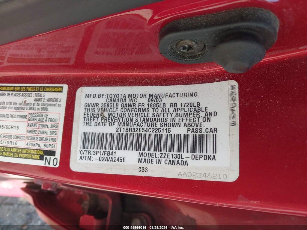 2T1BR32E54C225115 2004 TOYOTA COROLLA photo no. 9