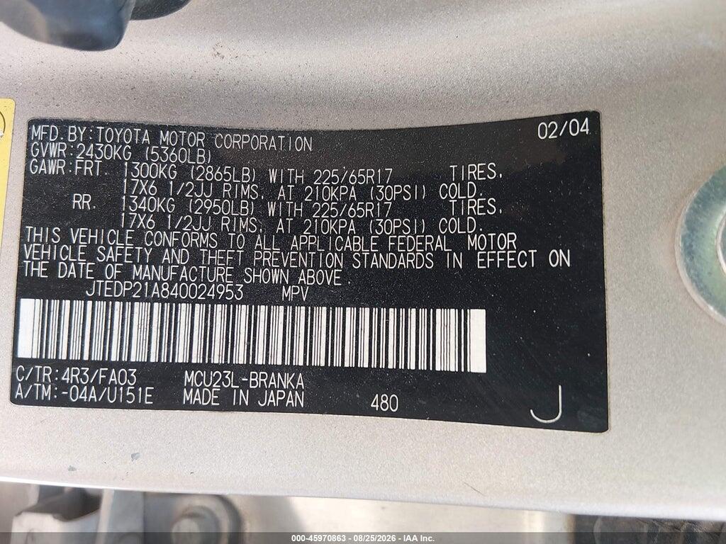 JTEDP21A840024953 2004 TOYOTA HIGHLANDER photo no. 9