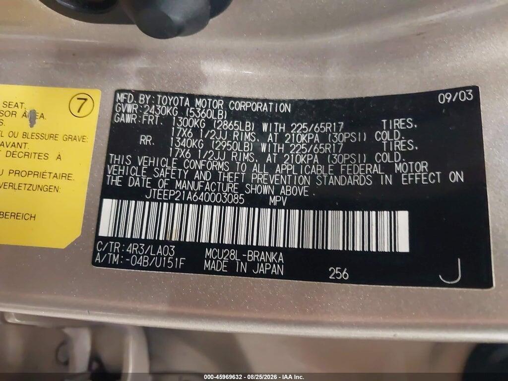 JTEEP21A640003085 2004 TOYOTA HIGHLANDER photo no. 9