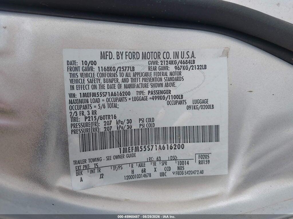 1MEFM55571A616200 2001 MERCURY SABLE photo no. 9