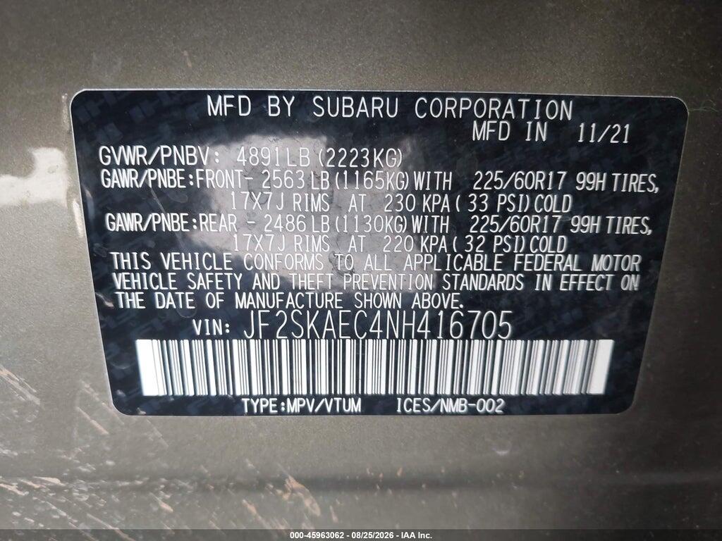 JF2SKAEC4NH416705 2022 SUBARU FORESTER photo no. 9