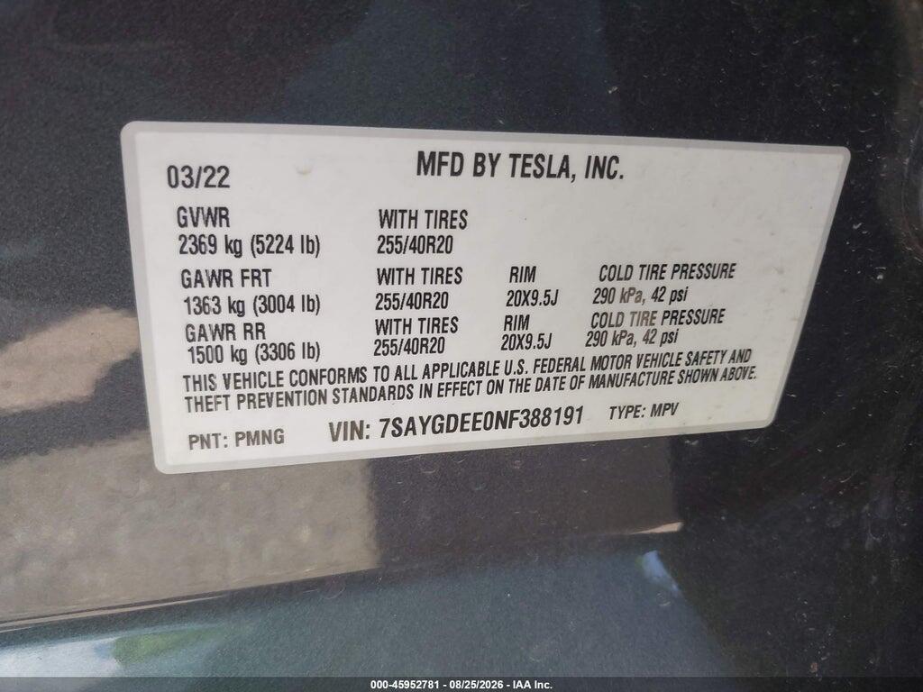 7SAYGDEE0NF388191 2022 TESLA MODEL Y photo no. 9