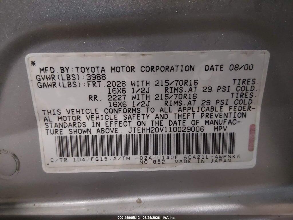 JTEHH20V110029006 2001 TOYOTA RAV4 photo no. 9