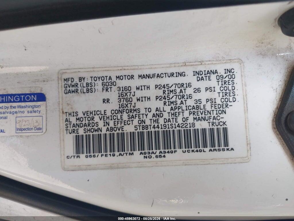 5TBBT44191S142218 2001 TOYOTA TUNDRA photo no. 9
