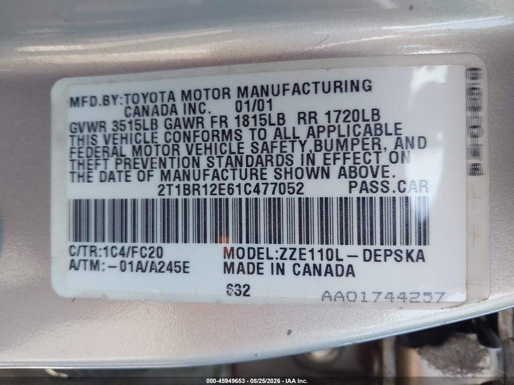 2T1BR12E61C477052 2001 TOYOTA COROLLA photo no. 9