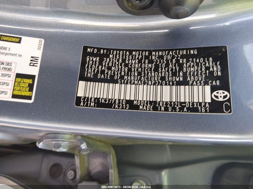 5YFEPMAE2NP370141 2022 TOYOTA COROLLA photo no. 9