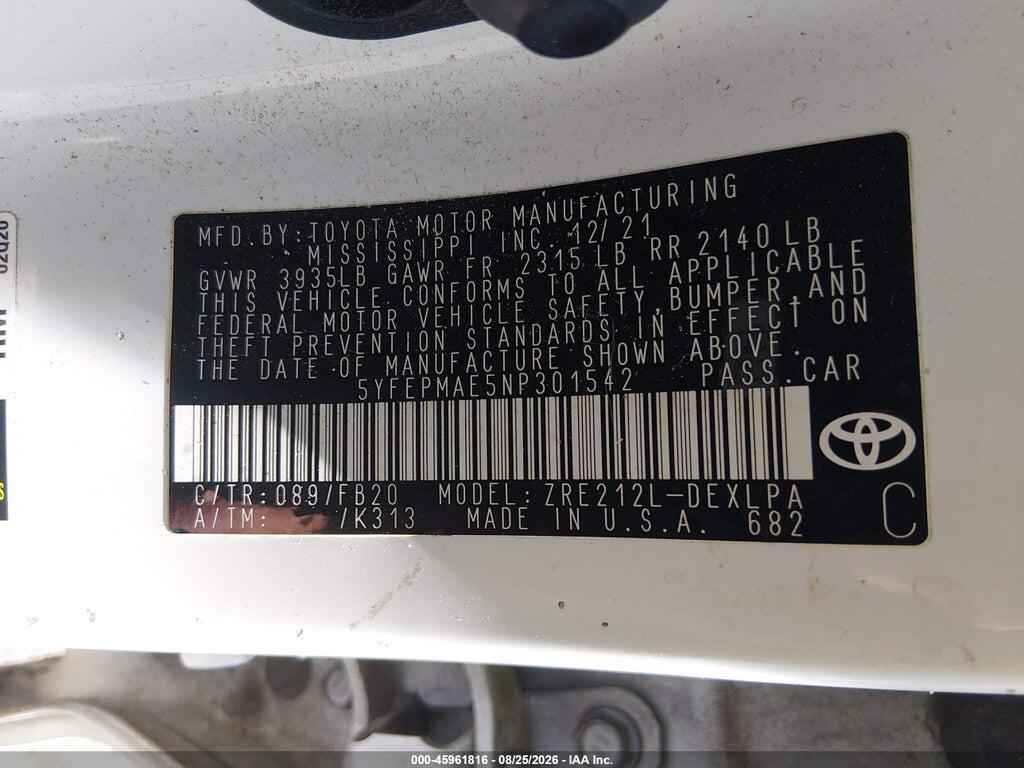 5YFEPMAE5NP301542 2022 TOYOTA COROLLA photo no. 9