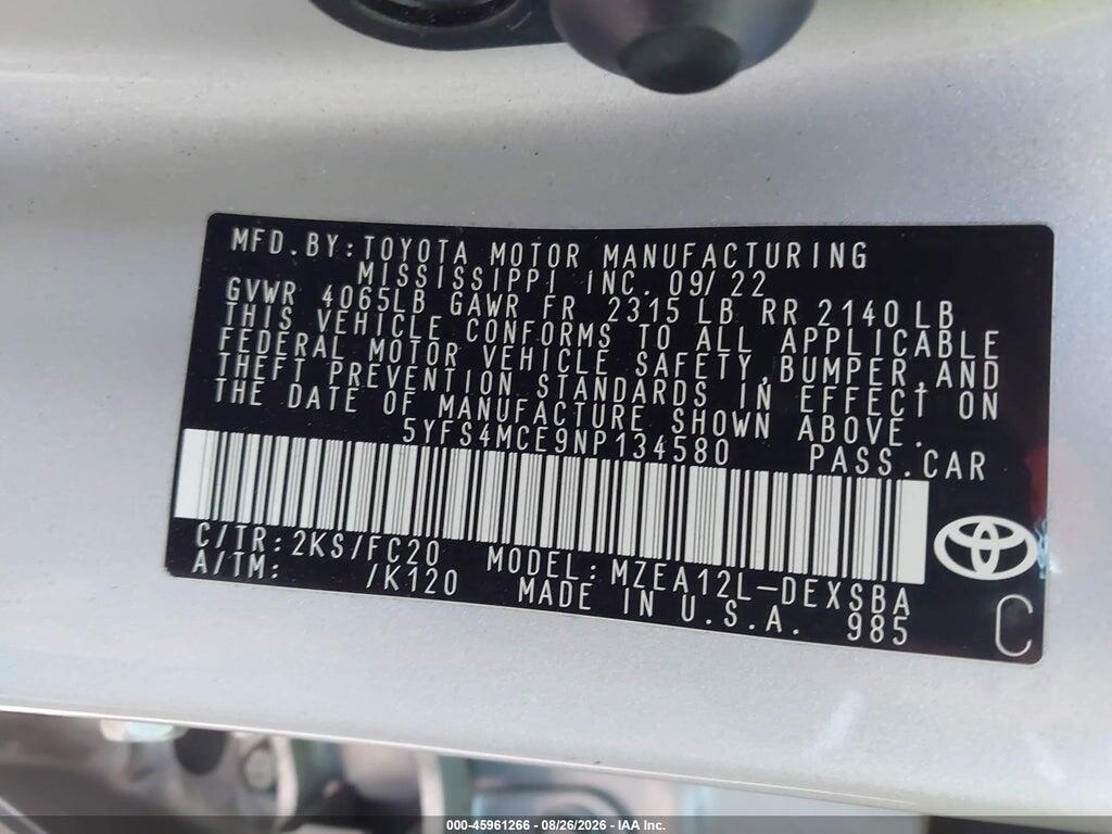 5YFS4MCE9NP134580 2022 TOYOTA COROLLA photo no. 9