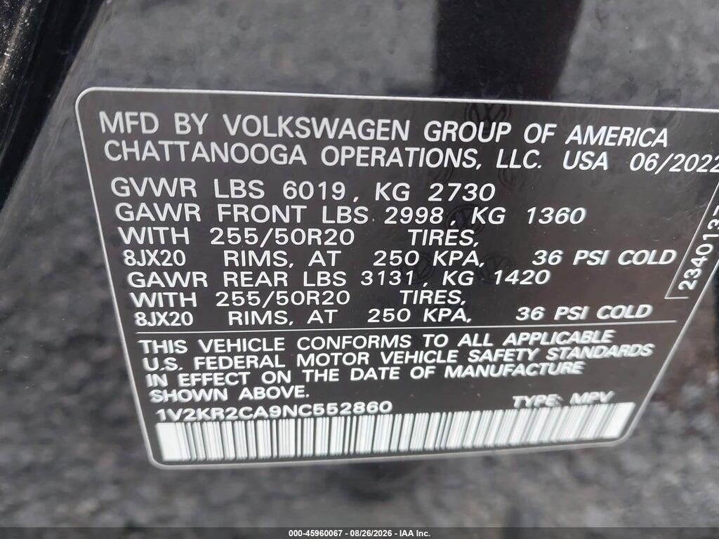 1V2KR2CA9NC552860 2022 VOLKSWAGEN ATLAS photo no. 9