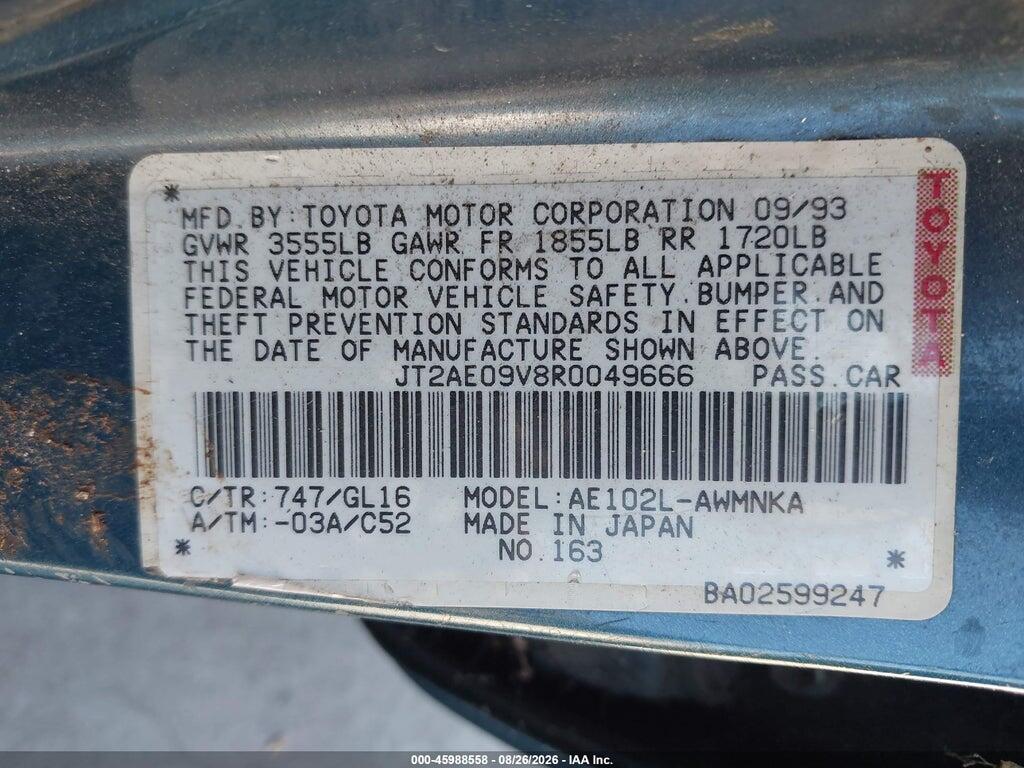 JT2AE09V8R0049666 1994 TOYOTA COROLLA photo no. 9