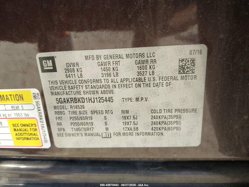 5GAKRBKD1HJ125445 2017 BUICK ENCLAVE photo no. 9