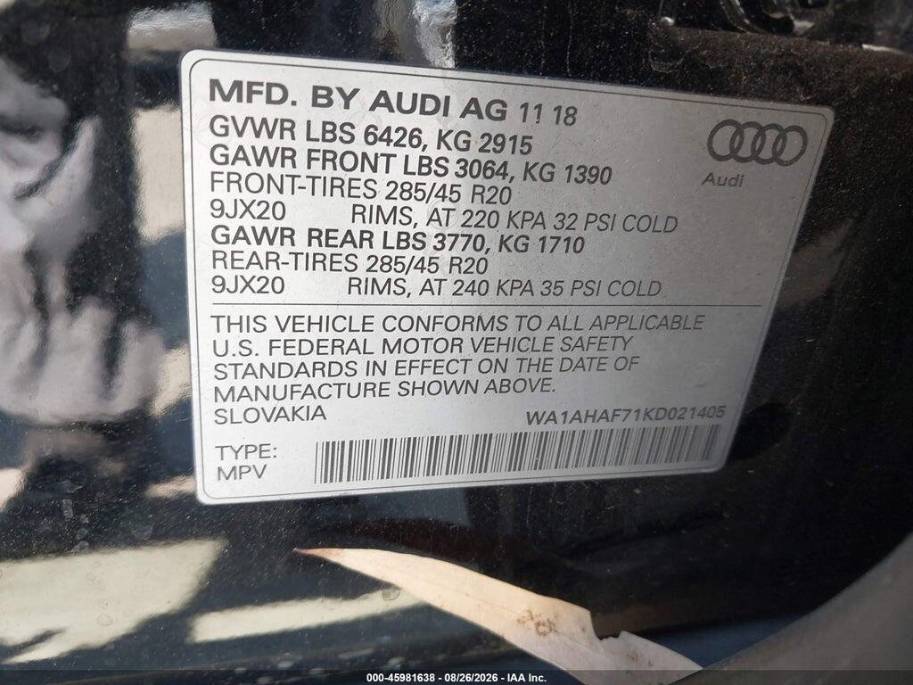 WA1AHAF71KD021405 2019 AUDI Q7 photo no. 9
