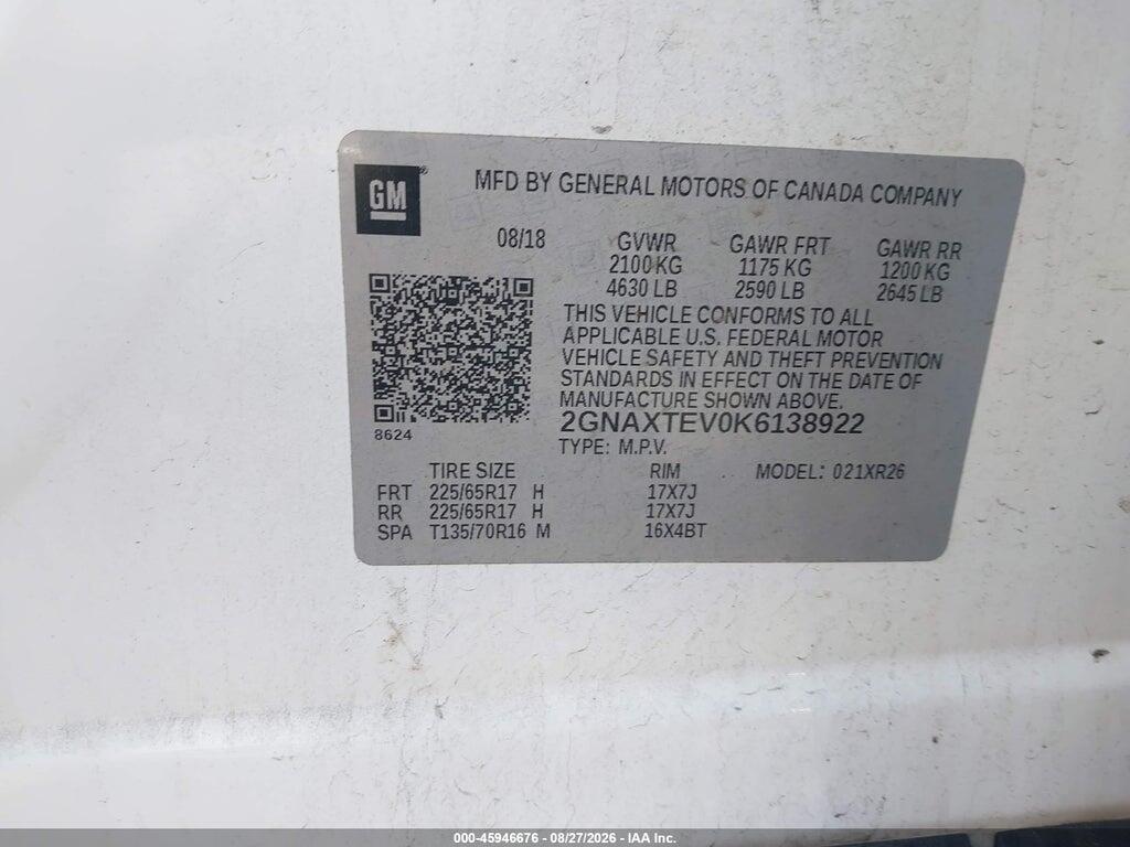 2GNAXTEV0K6138922 2019 CHEVROLET EQUINOX photo no. 9