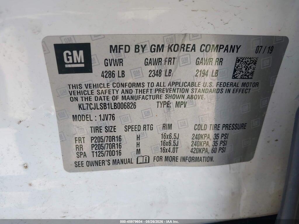 KL7CJLSB1LB006826 2020 CHEVROLET TRAX photo no. 9