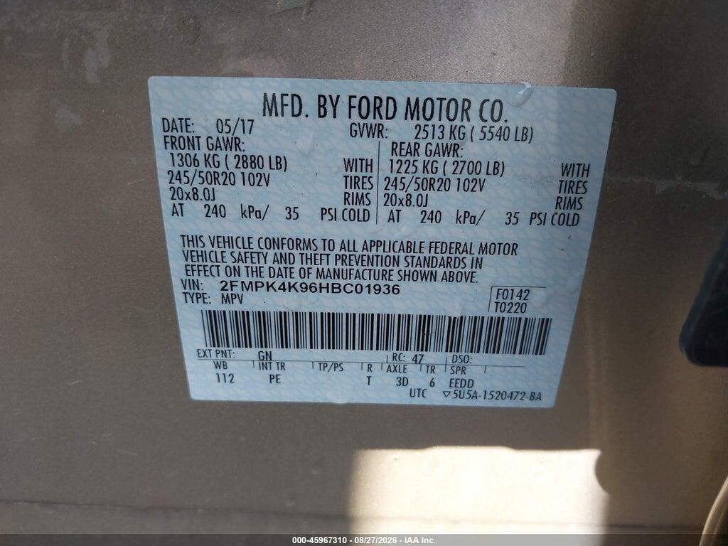2FMPK4K96HBC01936 2017 FORD EDGE photo no. 9