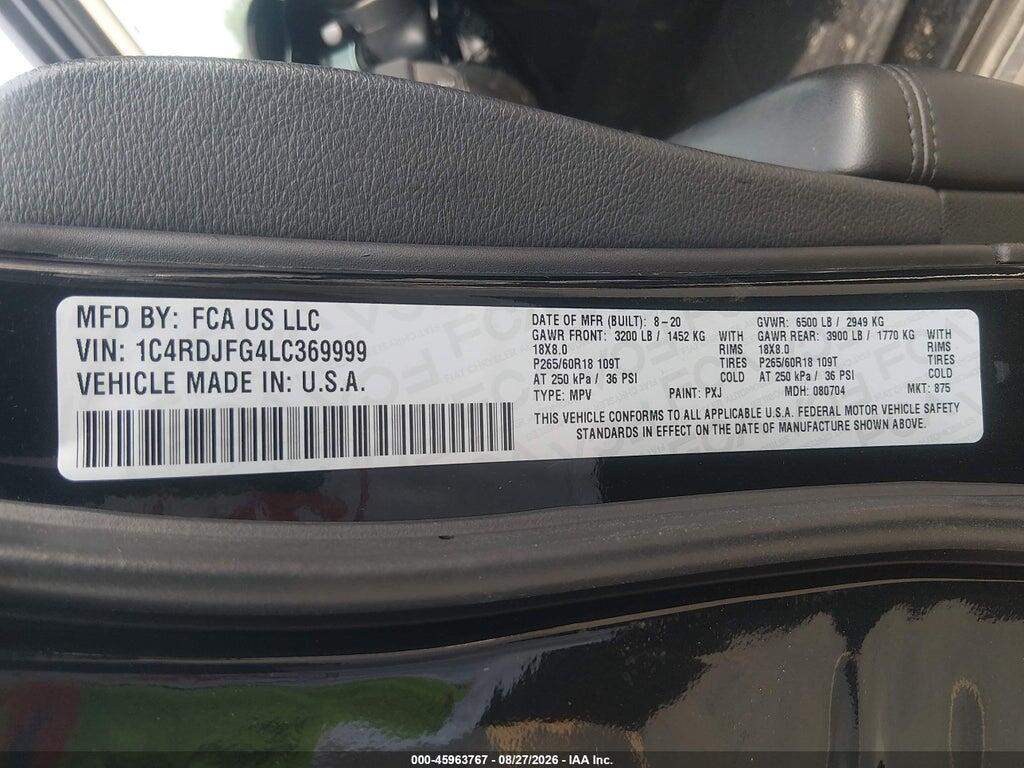 1C4RDJFG4LC369999 2020 DODGE DURANGO photo no. 9